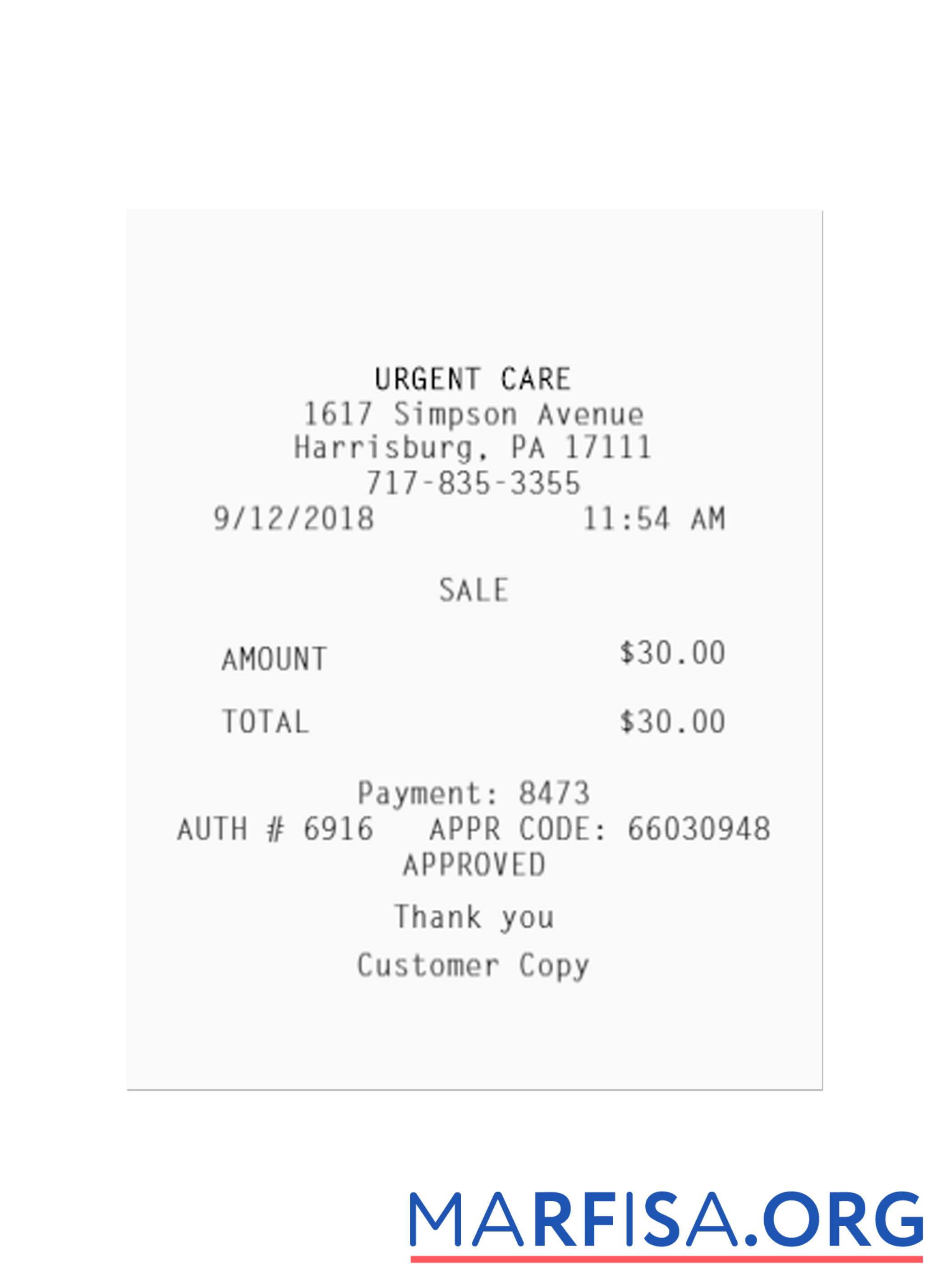 Printable URGENT CARE payment receipt download for verification